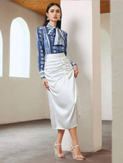 Kotty Ethnic Motifs Printed Tie-Up Neck Satin Shirt Style Top