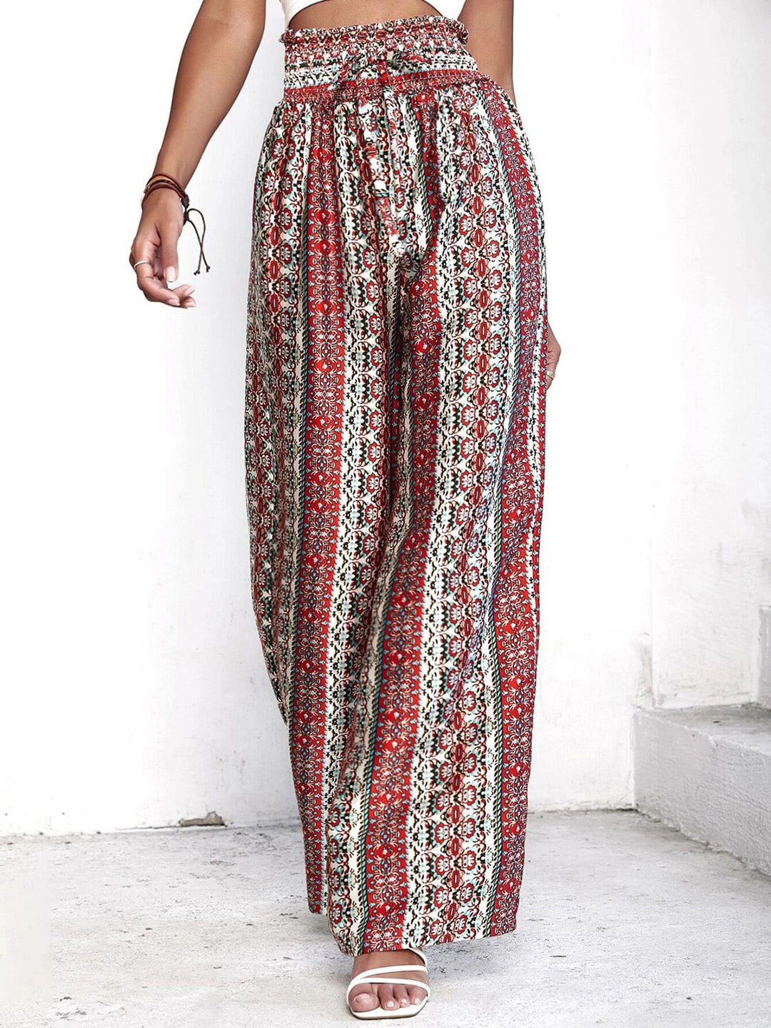 Kotty Women Brown Printed Relaxed High-Rise Easy Wash Pleated Trousers