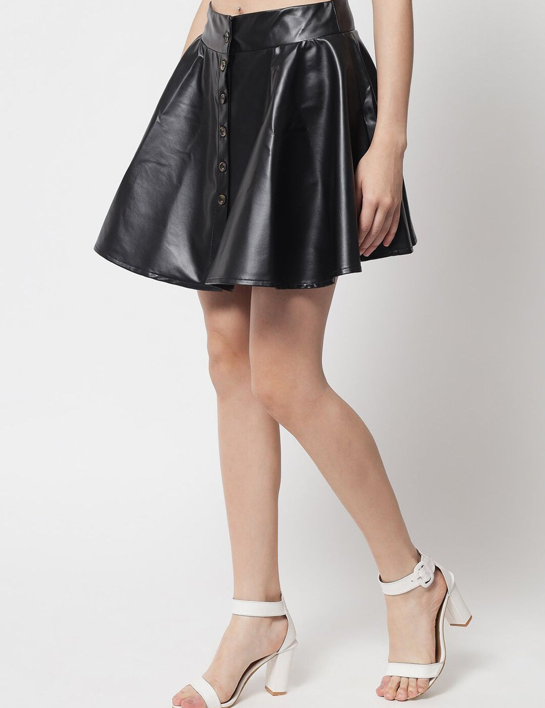 Kotty Women Black Solid Leather Flared Mini Skirts