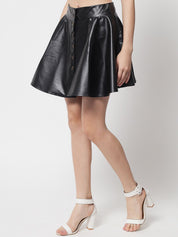 Kotty Women Black Solid Leather Flared Mini Skirts