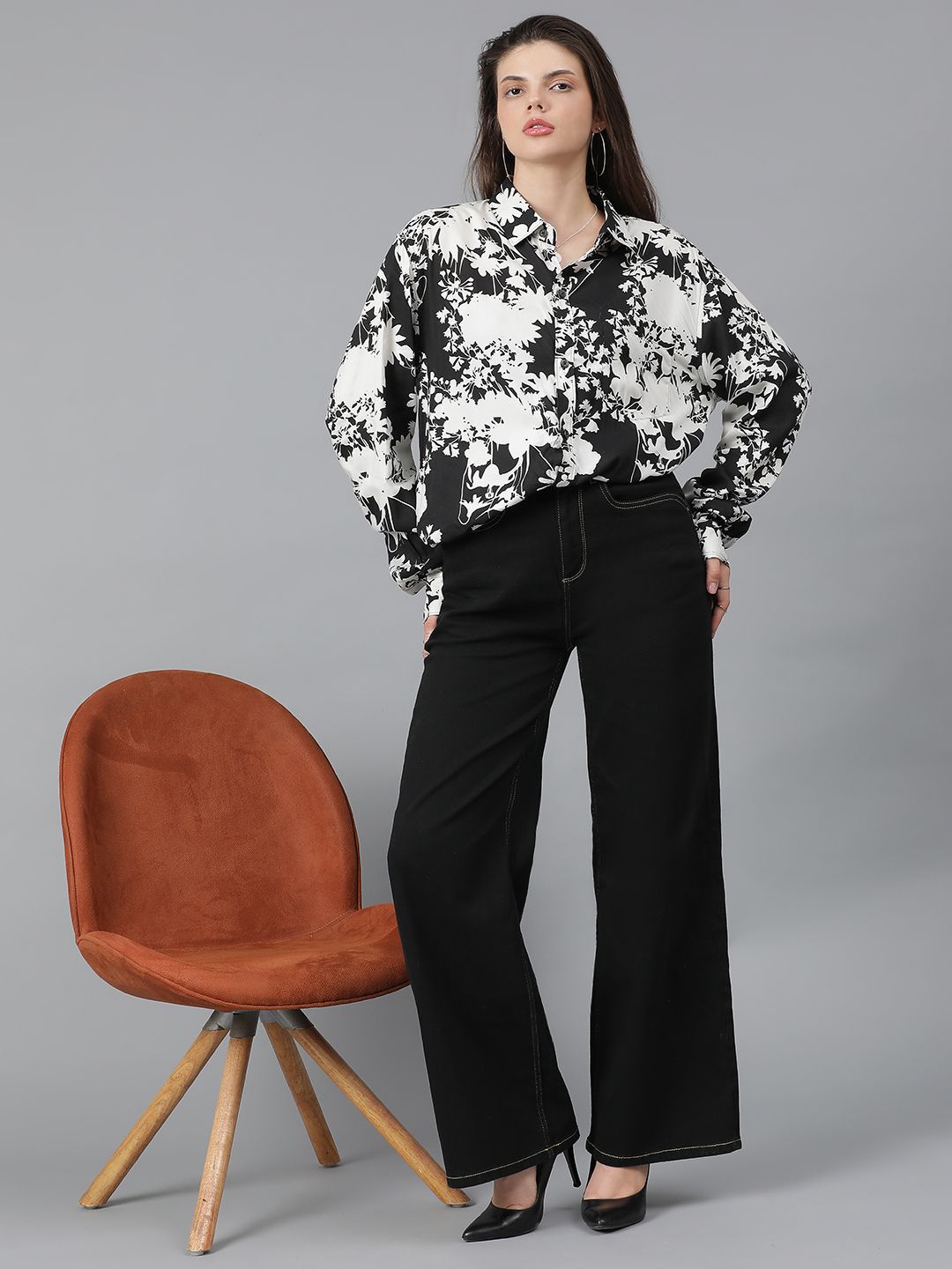 Kotty Women Spread Collar Floral Printed Cotton Oversized Casual Shirt