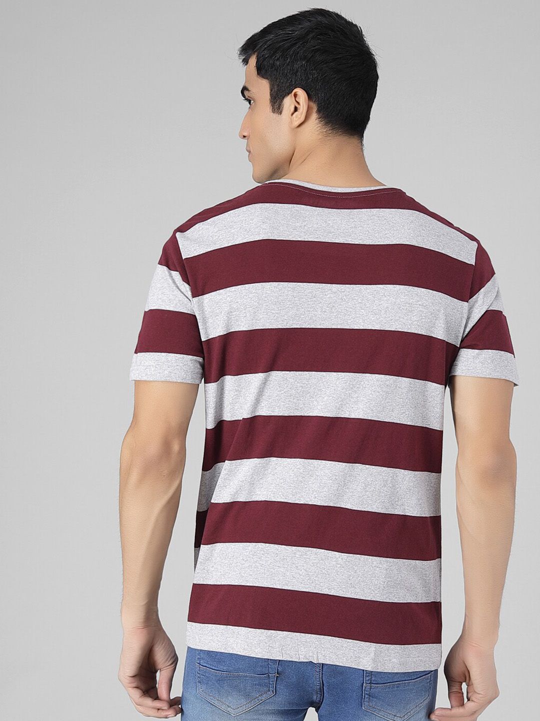 Kotty Men Coffee Brown & Grey Striped Round Neck T-shirt