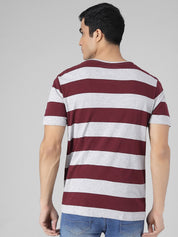 Kotty Men Coffee Brown & Grey Striped Round Neck T-shirt