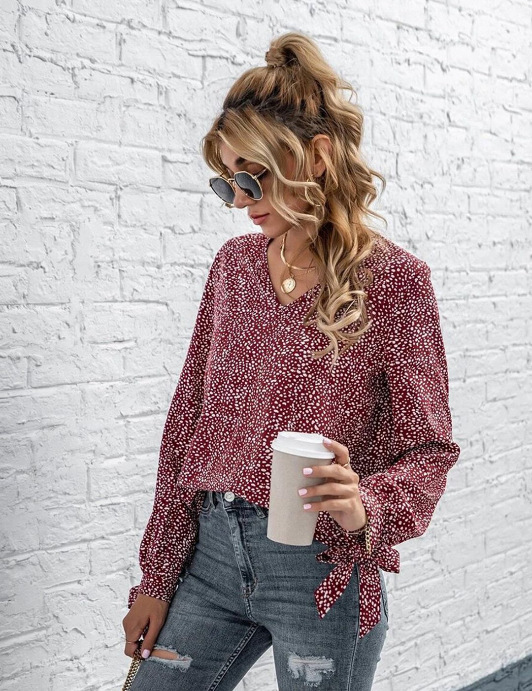 Kotty Women Maroon & White Print Crepe Top