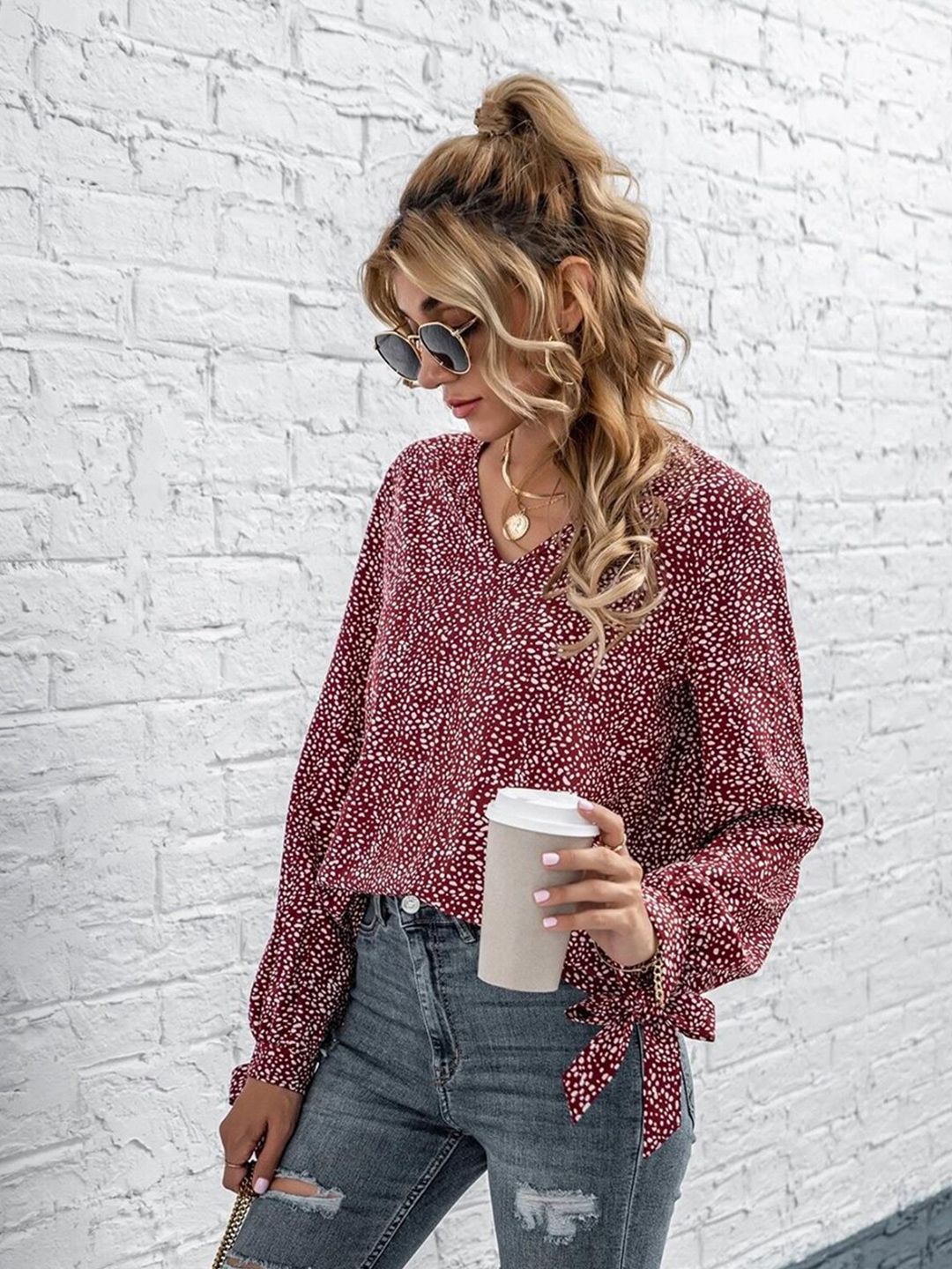 Kotty Women Maroon & White Print Crepe Top