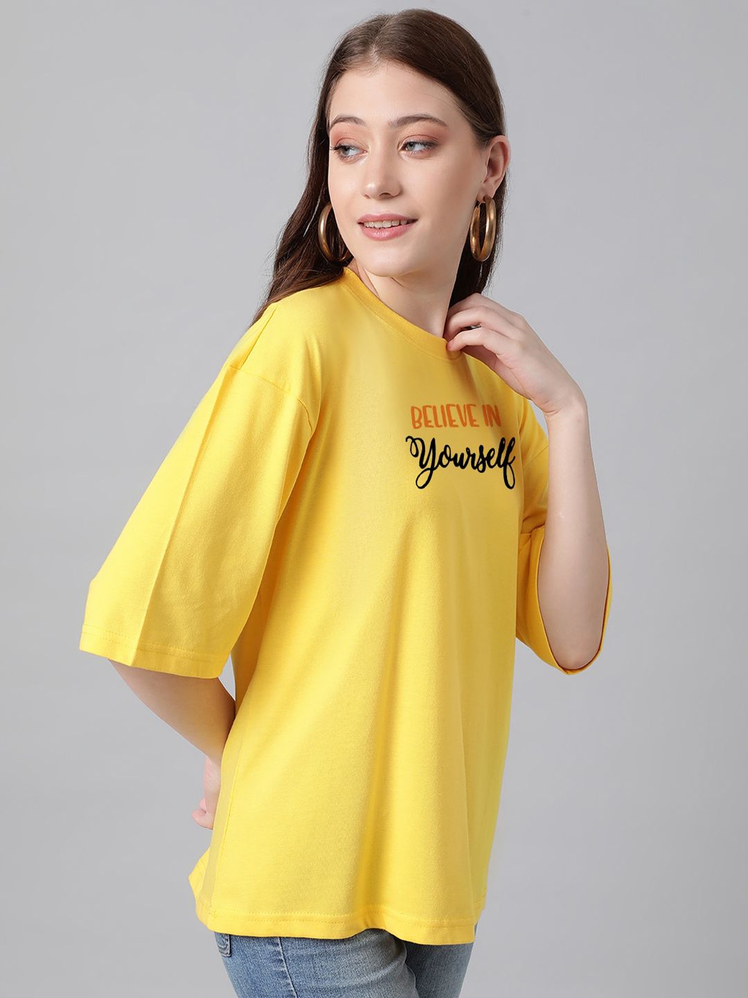Kotty Yellow Graphic Printed Drop-Shoulder Sleeves Oversized Cotton  T-Shirt