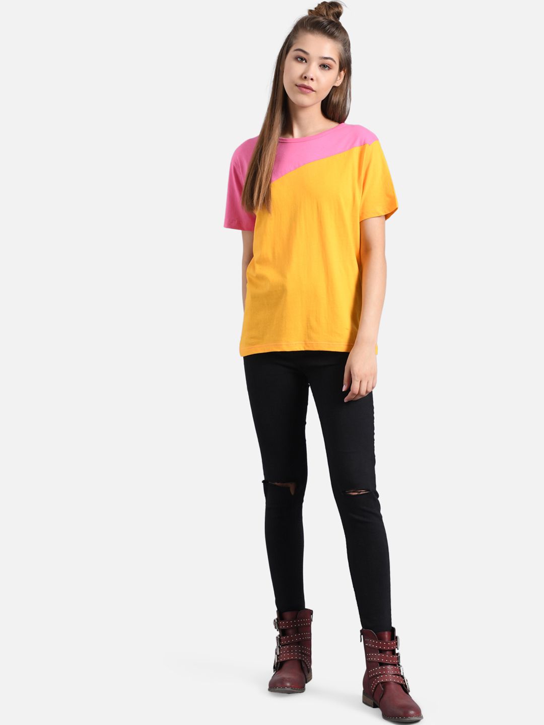 Kotty Women Pink Colourblocked Round Neck T-shirt