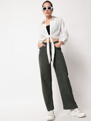 Kotty Women Olive Green Cotton Wide Leg Jeans