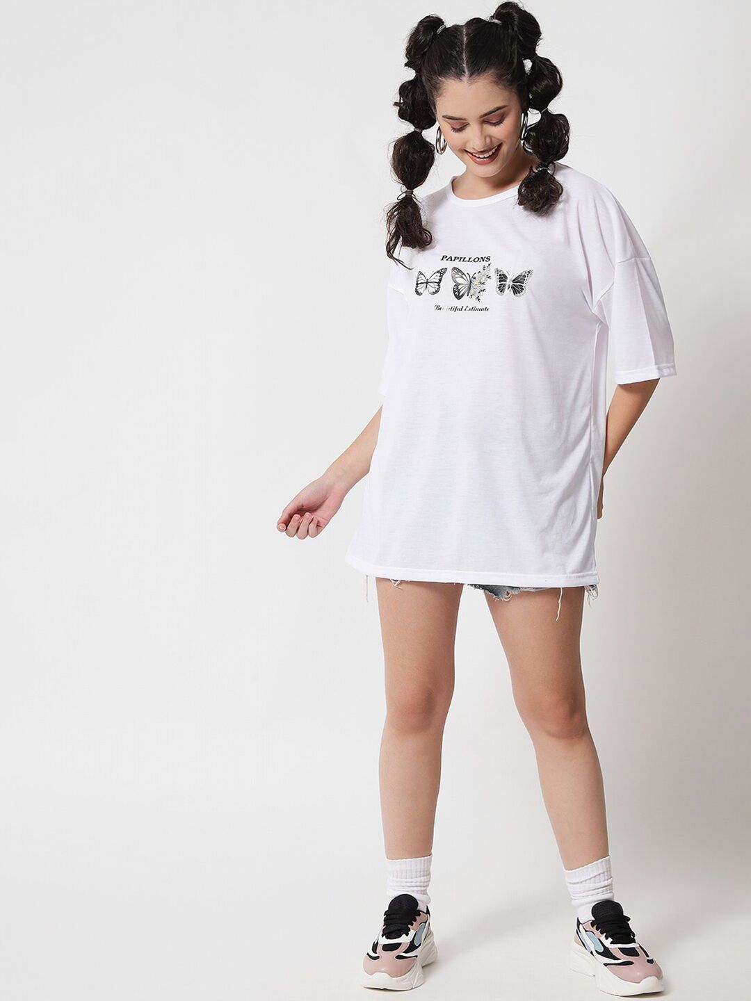 Kotty Women White Typography Printed Extended Sleeves Oversized T-shirt