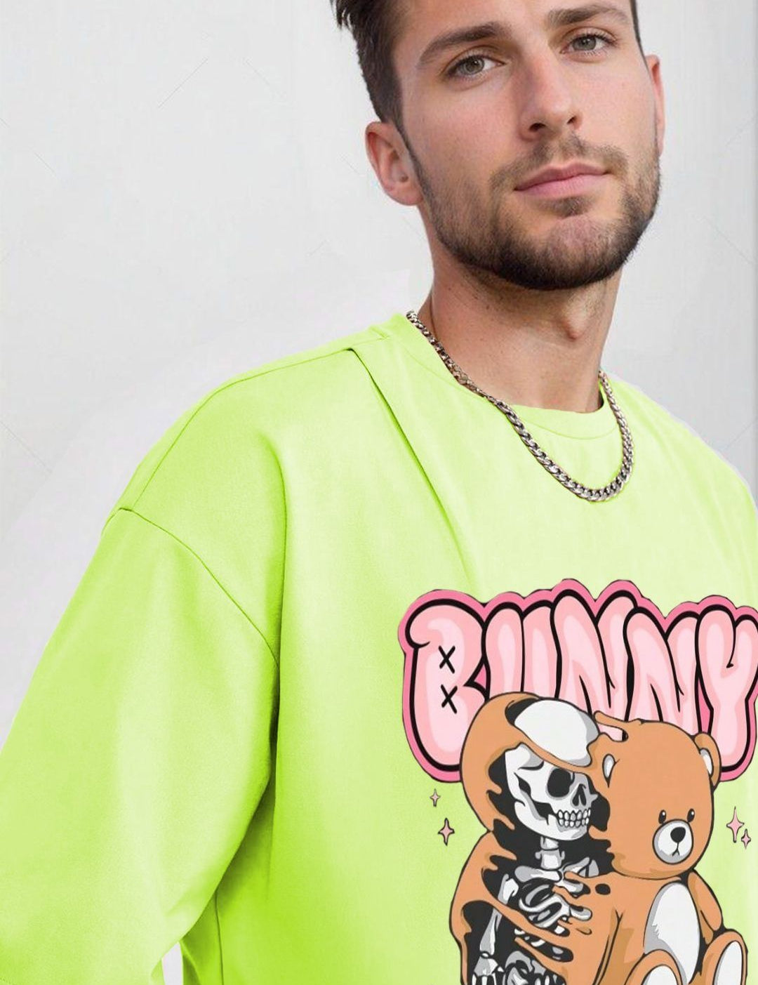 Kotty Men Printed Drop-Shoulder Sleeves Raw Edge T-shirt