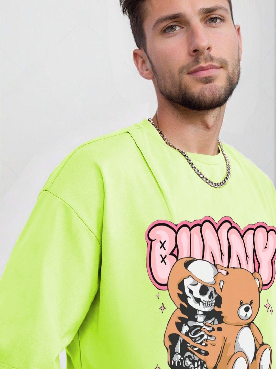 Kotty Men Printed Drop-Shoulder Sleeves Raw Edge T-shirt