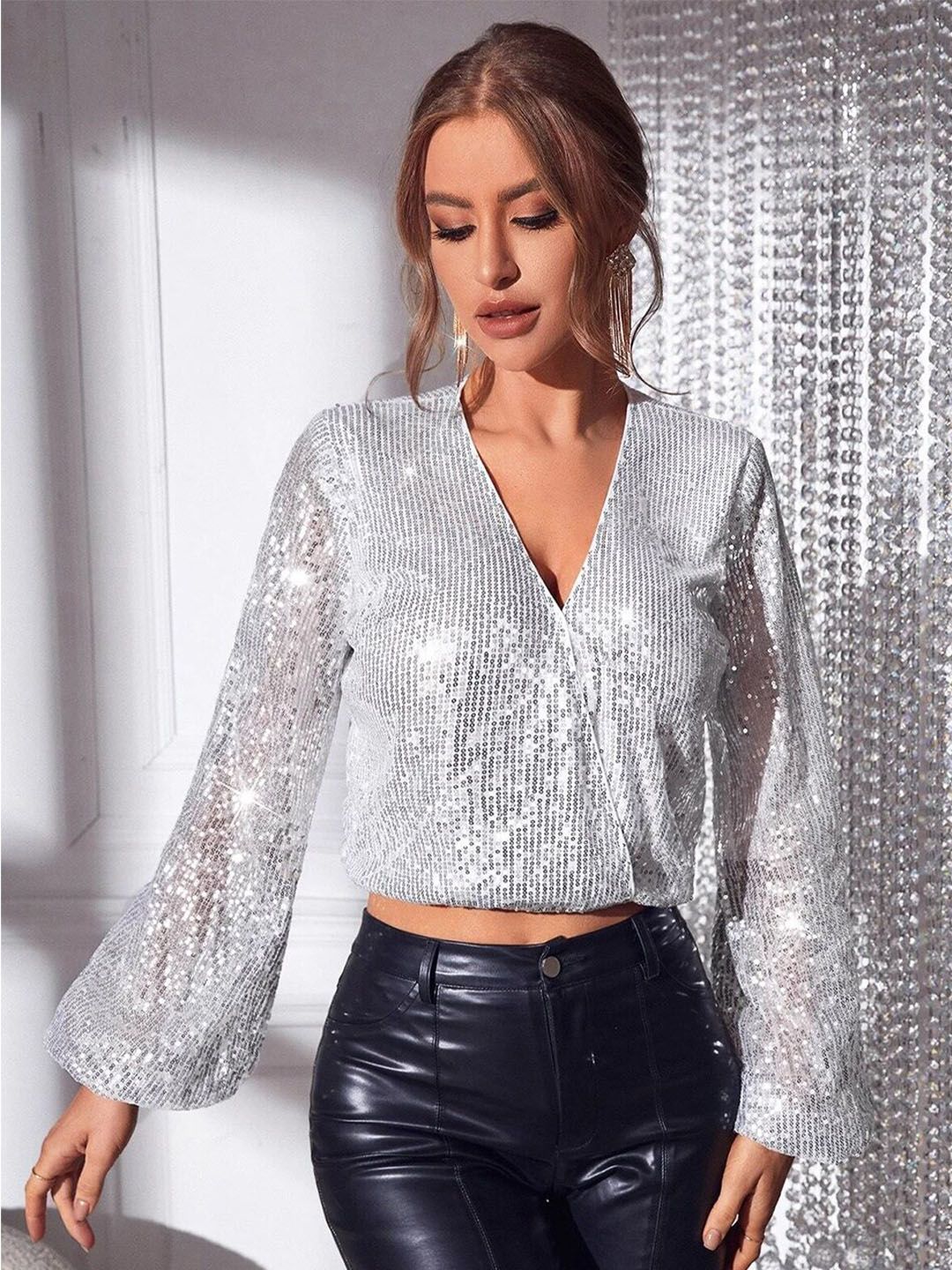 Kotty Embellished Puffed Sleeve Crop Top