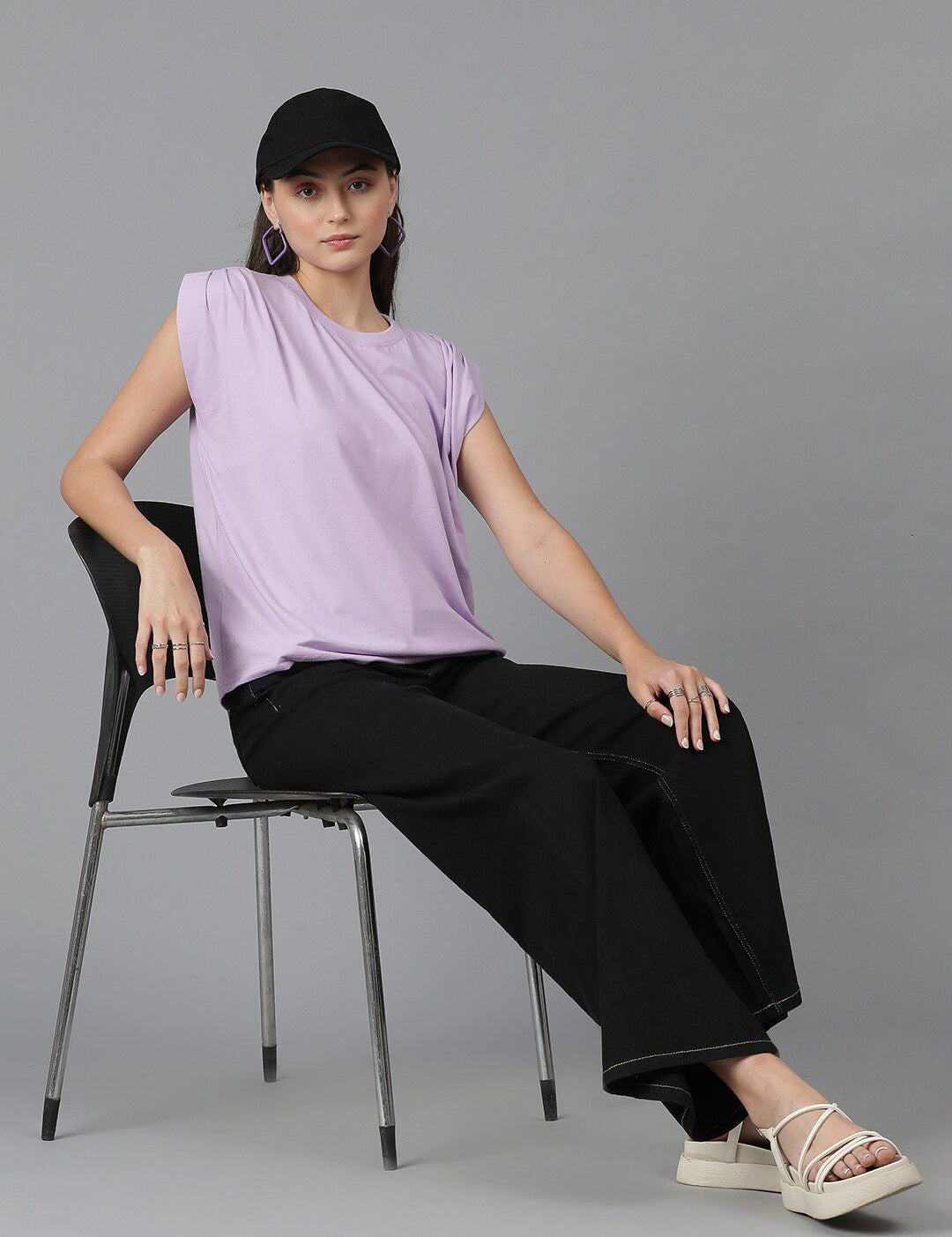 Kotty Purple Cap Sleeves Cotton Casual T-shirt
