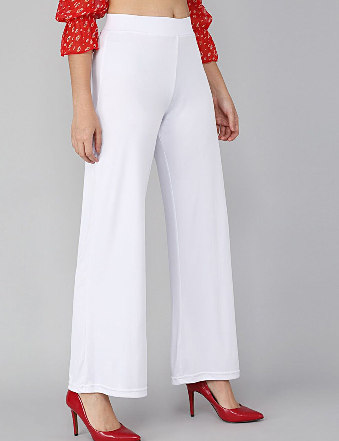 Kotty Women White Solid Flared Fit Parallel Trousers