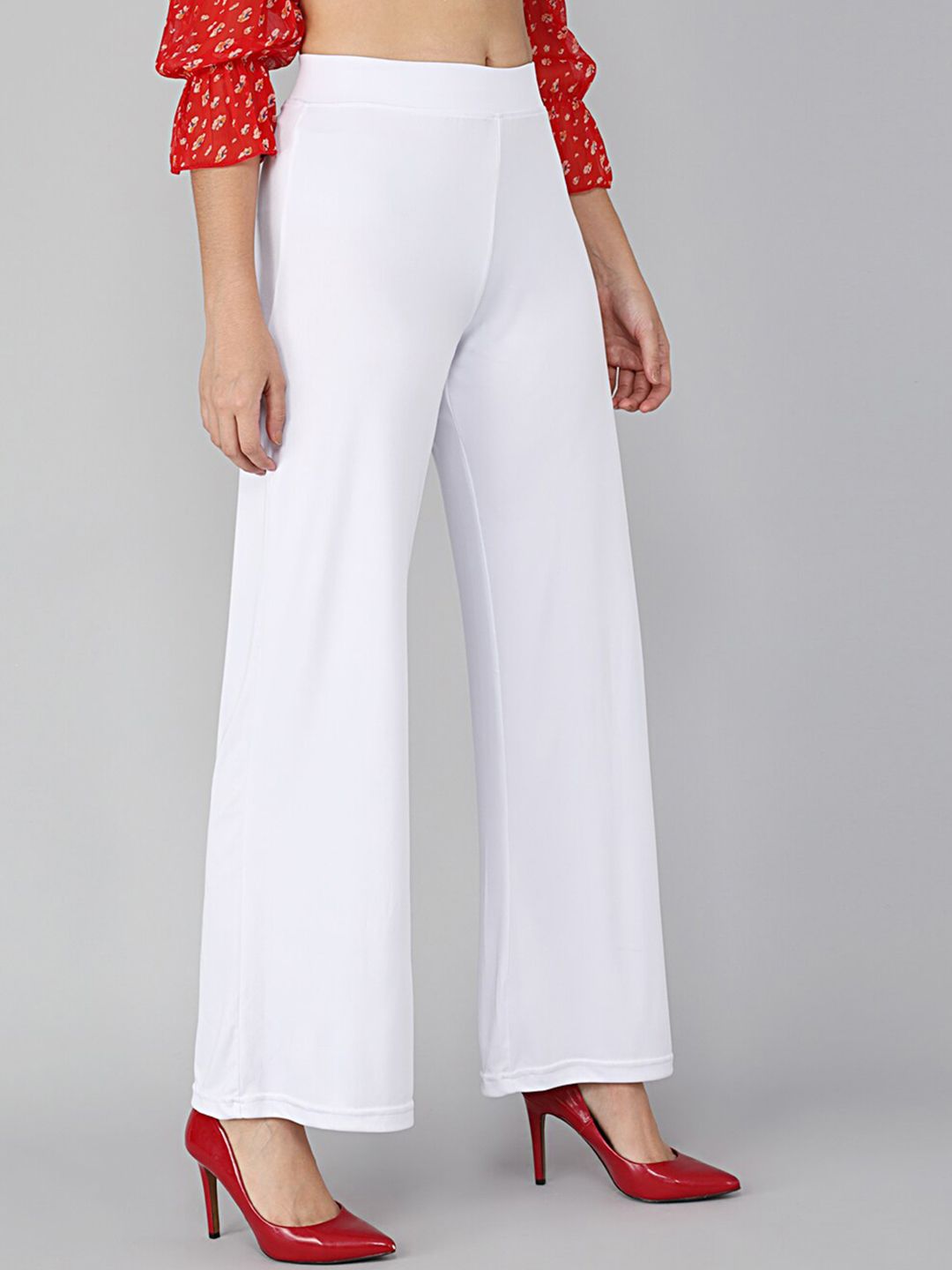 Kotty Women White Solid Flared Fit Parallel Trousers