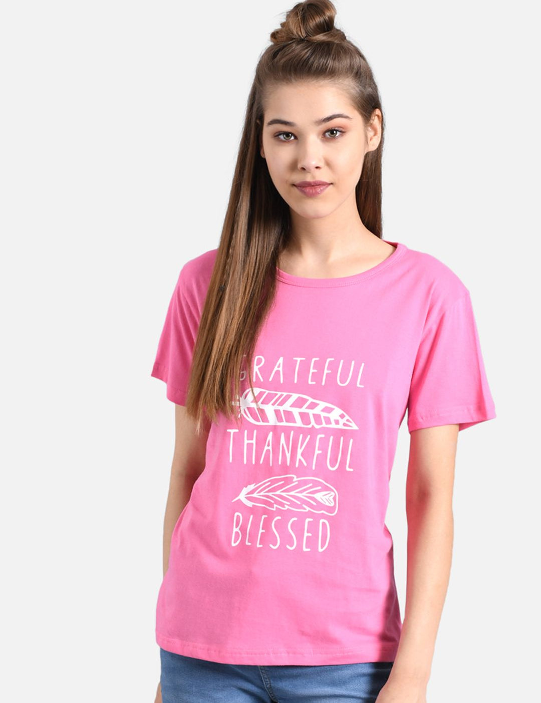 Kotty Women Pink & White Printed Round Neck T-shirt