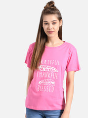 Kotty Women Pink & White Printed Round Neck T-shirt
