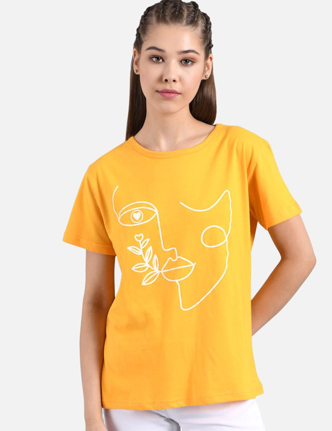 Kotty Women Yellow Printed Round Neck T-shirt