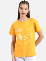 Kotty Women Yellow Printed Round Neck T-shirt