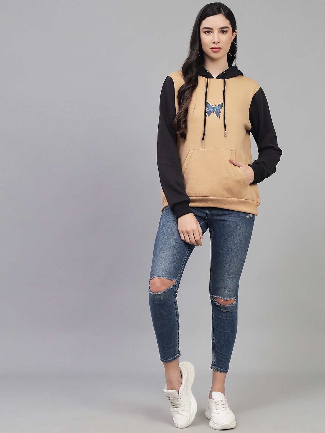 Kotty Women Beige Printed Hooded Fleece Sweatshirt