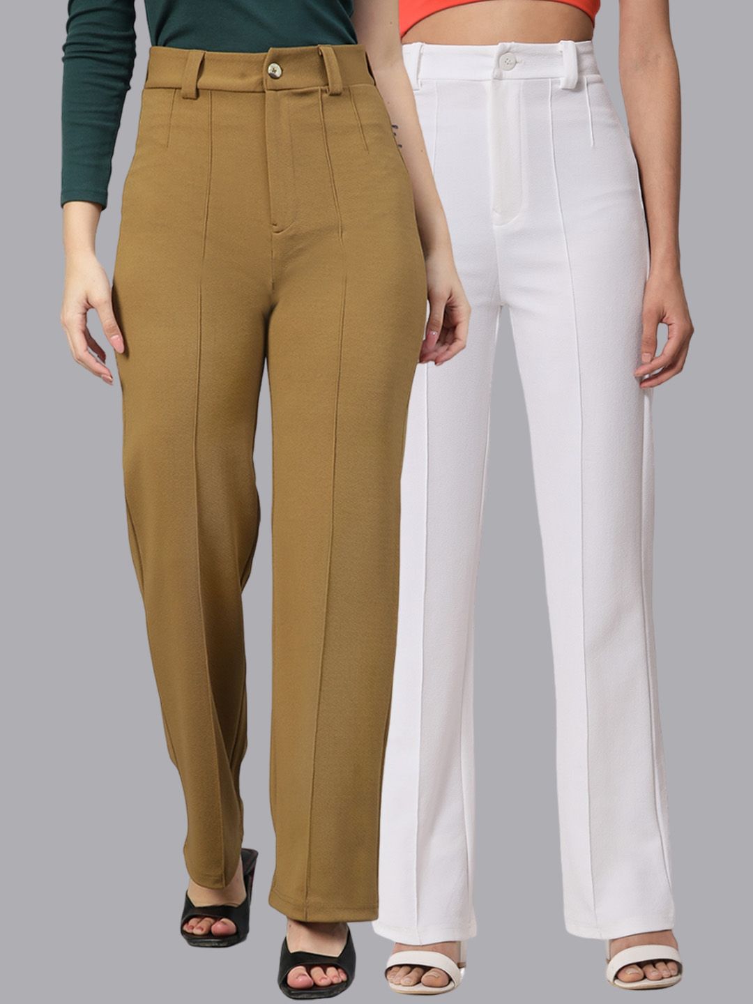 Kotty Women Pack Of 2 Relaxed Straight Leg Fit High-Rise Easy Wash Trousers