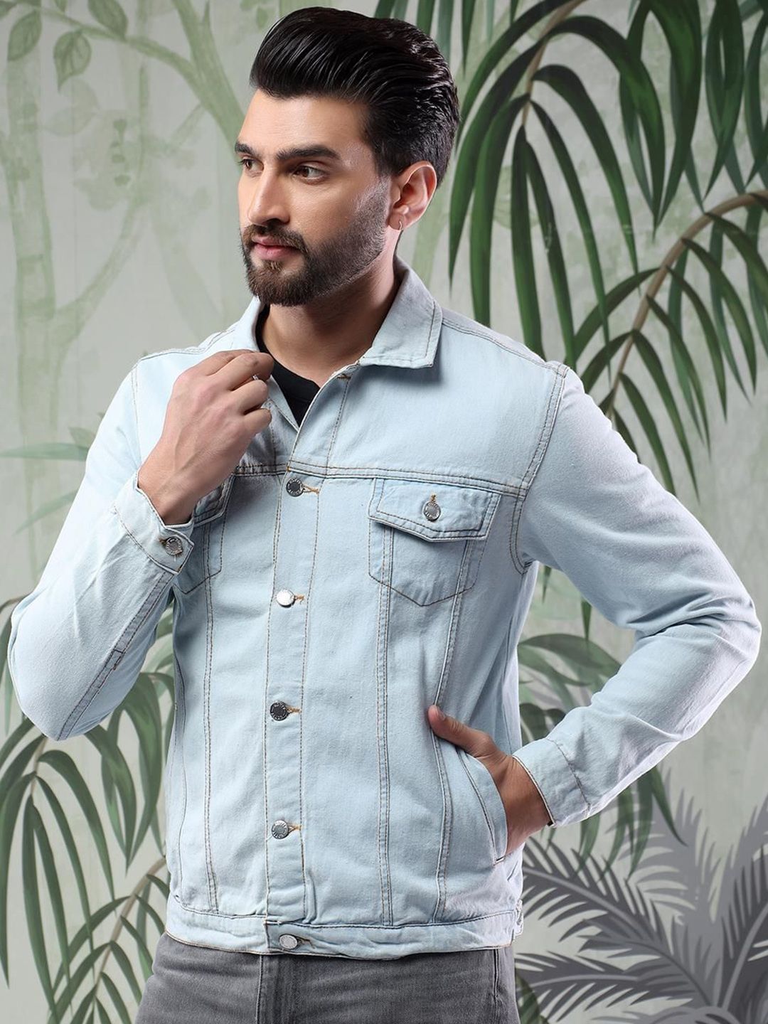 Kotty Men Solid Spread Collar Insulator Pure Cotton Denim Jacket