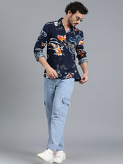 Kotty New Navy Blue Floral Printed Spread Collar Casual Shirt