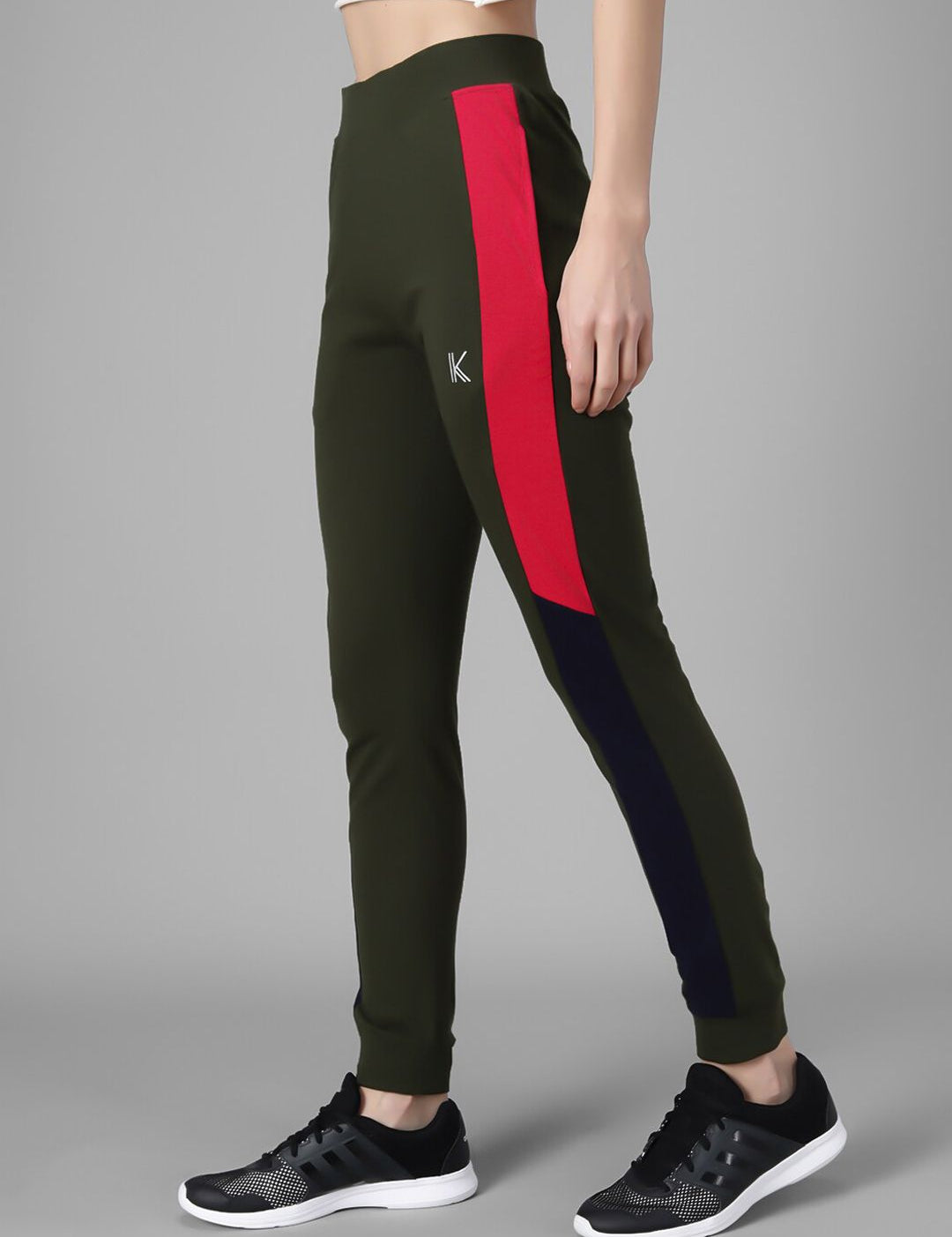 Kotty Women Olive Green Solid Joggers with Side Stripes
