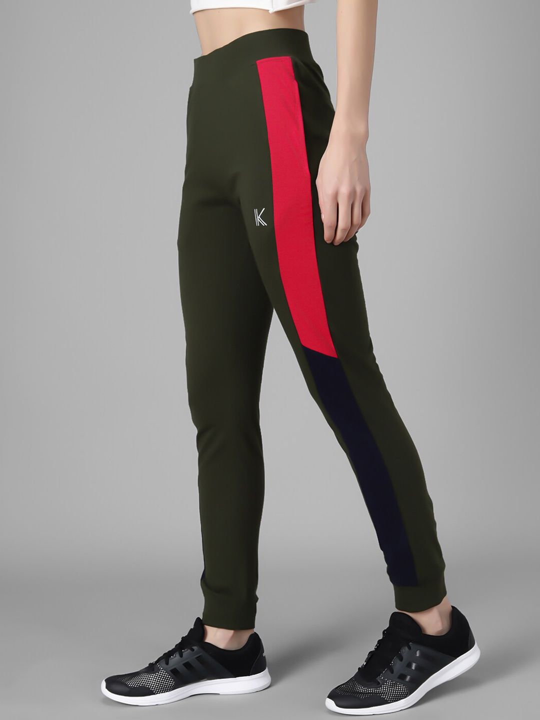 Kotty Women Olive Green Solid Joggers with Side Stripes