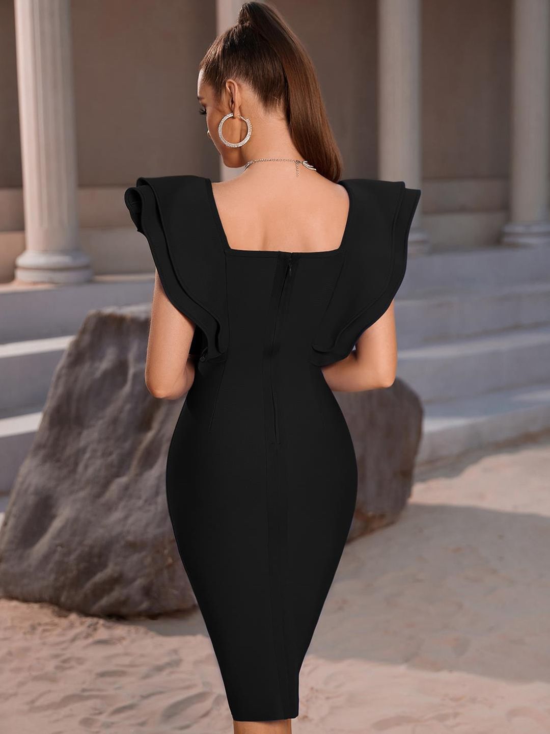 Kotty Black Square Neck Flutter Sleeves Bodycon Dress