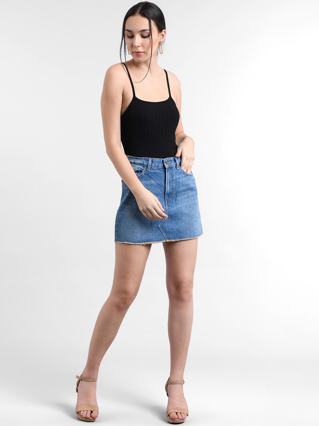 Kotty Women Blue Solid Mini Denim A-Line Skirt