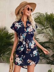 Kotty Navy Blue & Beige Floral Printed Mandarin Collar Extended Sleeves A-Line Dress