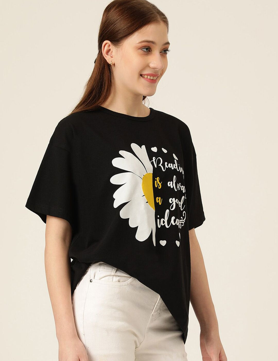 KOTTY Basics Graphic Printed Drop Shoulder Sleeves Oversized T-shirt