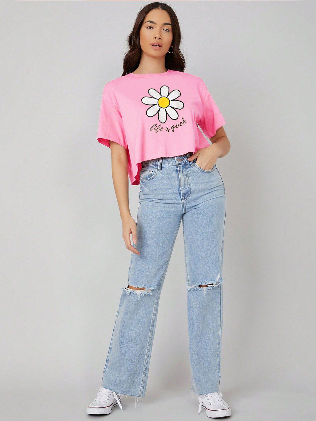 Kotty Round Neck  Drop-Shoulder Sleeves Graphic Printed Oversized Crop T-shirt