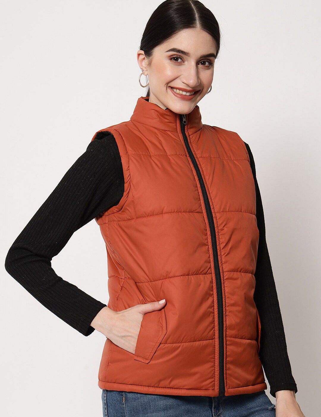 Kotty Women Brown Solid Sleeveless  Padded Jacket