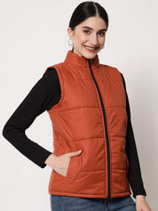 Kotty Women Brown Solid Sleeveless  Padded Jacket