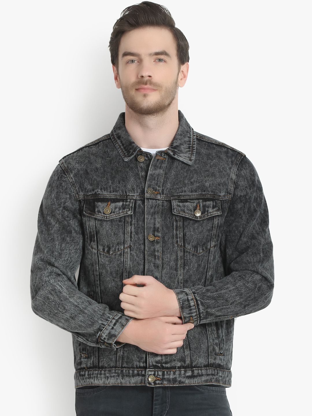 Kotty Men Black Solid Denim Jacket