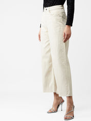 Kotty Women Cream-Coloured Flared High-Rise Clean Look Jeans