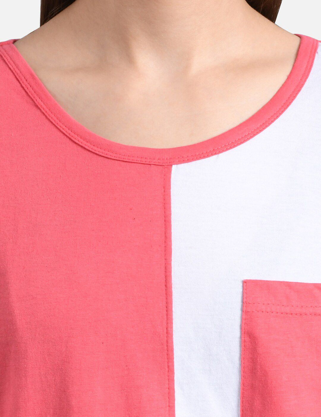 Kotty Women Pink & White Colourblocked Round Neck T-shirt
