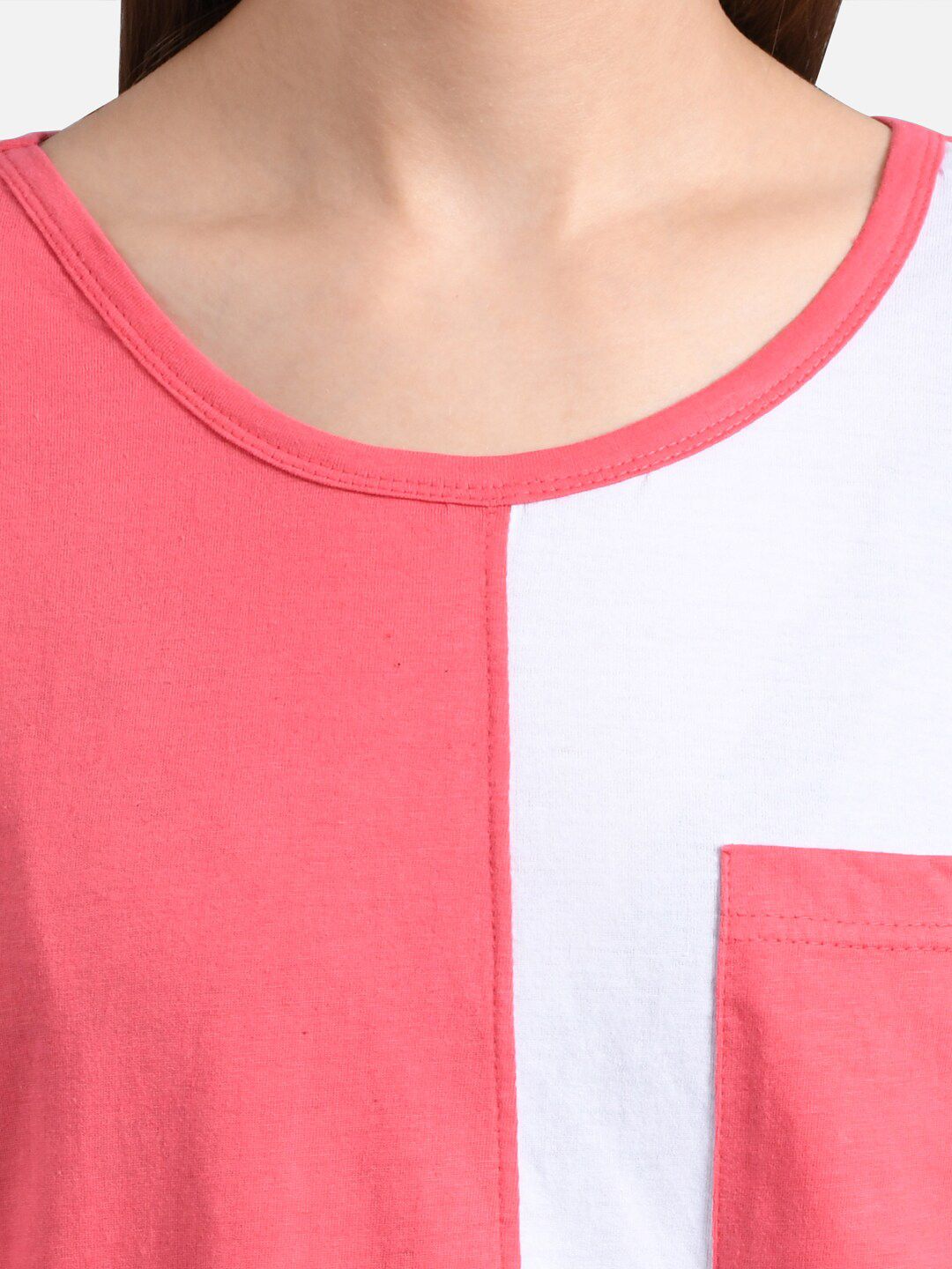 Kotty Women Pink & White Colourblocked Round Neck T-shirt