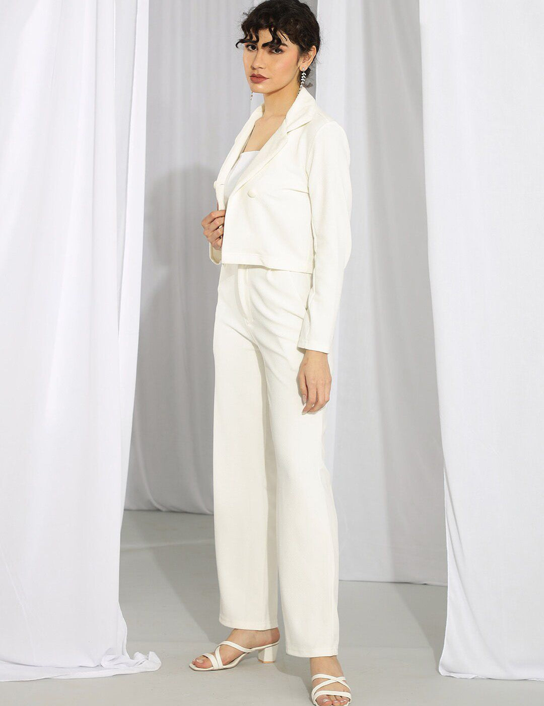 Kotty Women White Notched Lapel Collar Blazer With Trousers