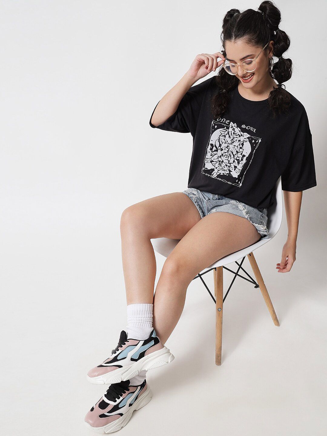 Kotty Women Black Printed Oversized T-shirt