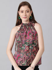 Kotty Green & Pink Ethnic Motifs Printed Halter Neck Top
