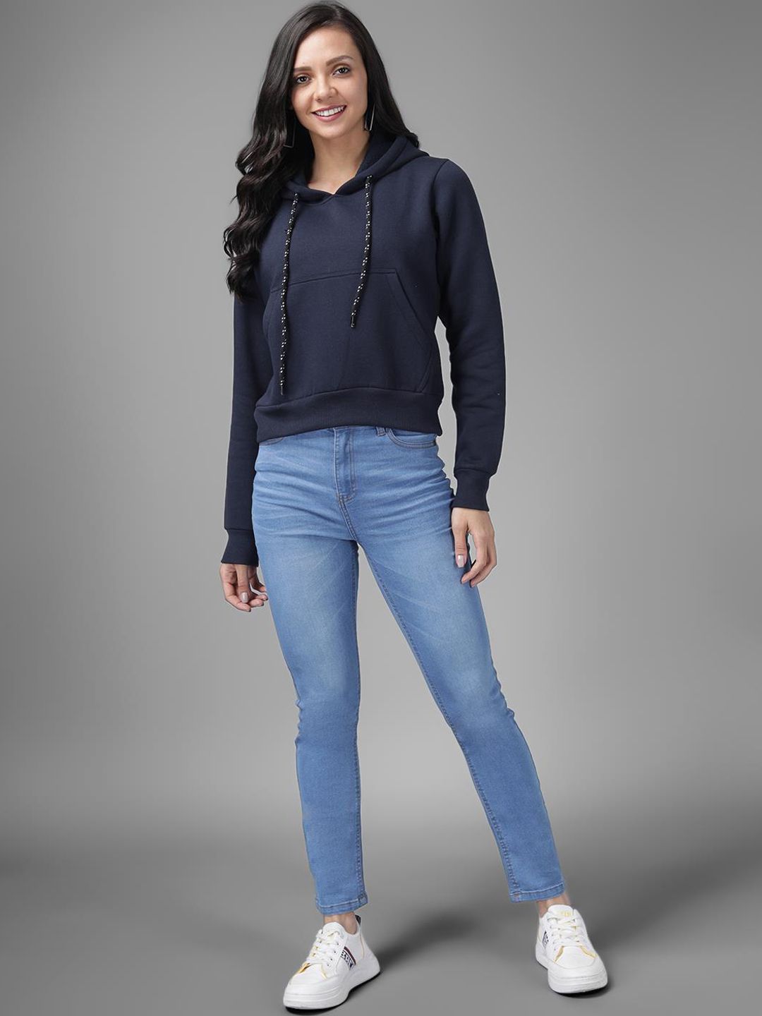 Kotty Women Blue Solid Hooded Sweatshirt