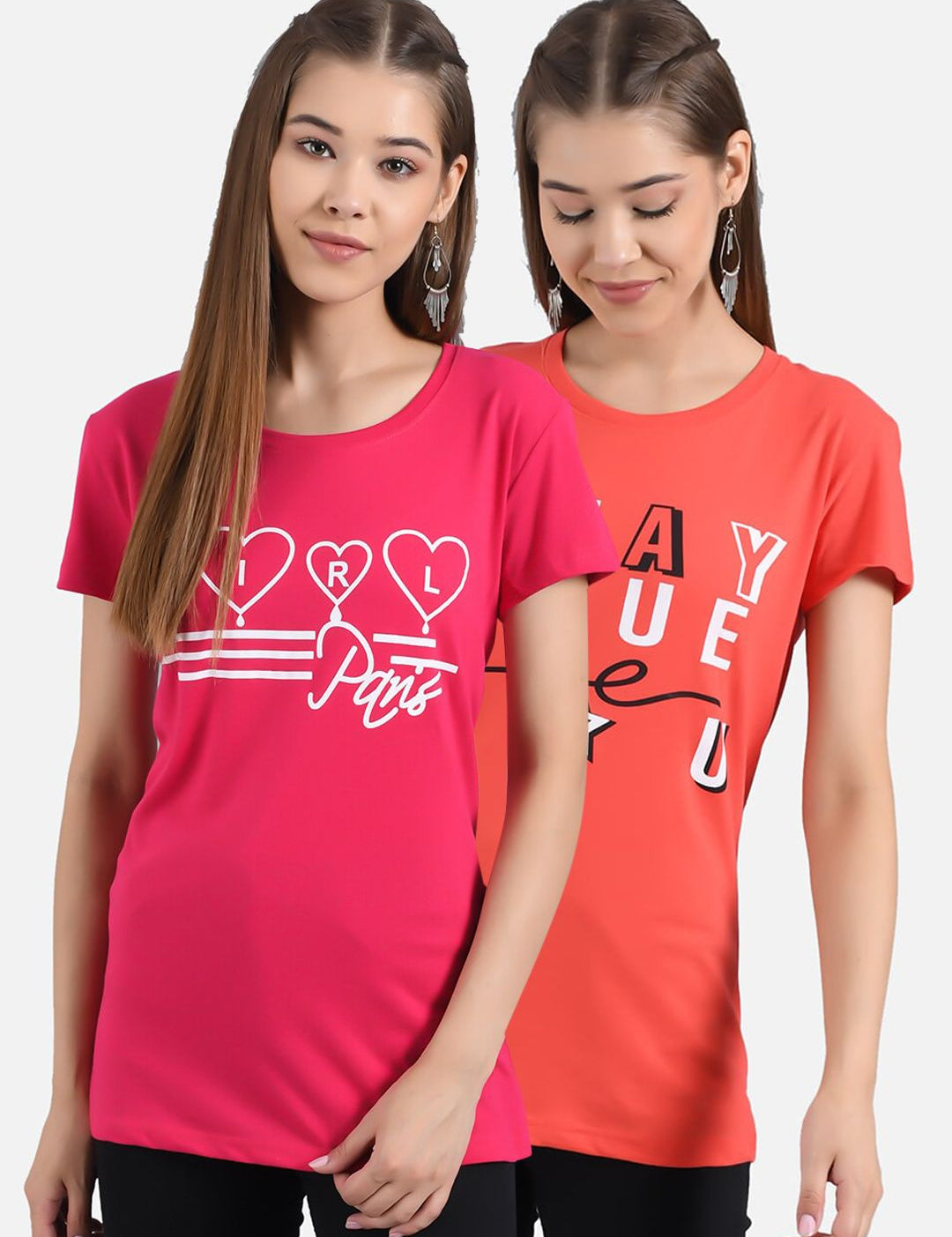 Kotty Women Pink & Orange Set of 2 Printed Round Neck T-shirts