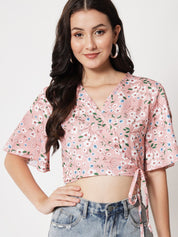 Kotty Floral Printed Flared Sleeves Wrap Crop Top