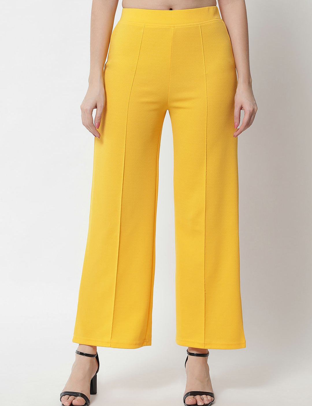 Kotty Women Yellow Solid Relaxed Straight Fit Easy Wash Pleated Trousers