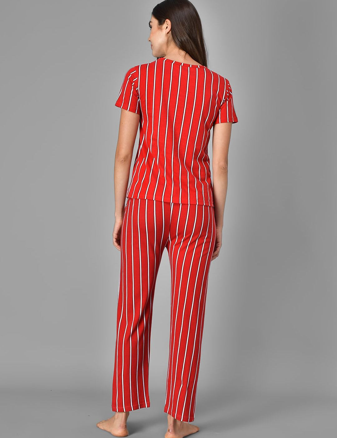 Kotty Women Red & White Striped Night Suit