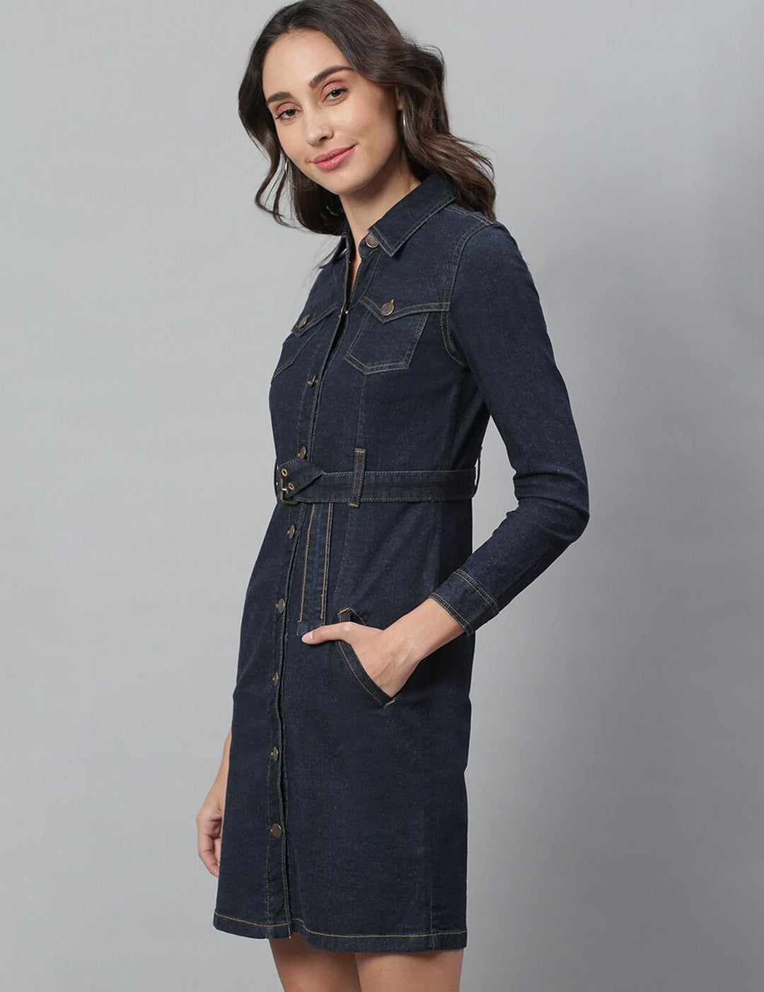 Kotty Women Blue Solid Denim Shirt Dress & Belt