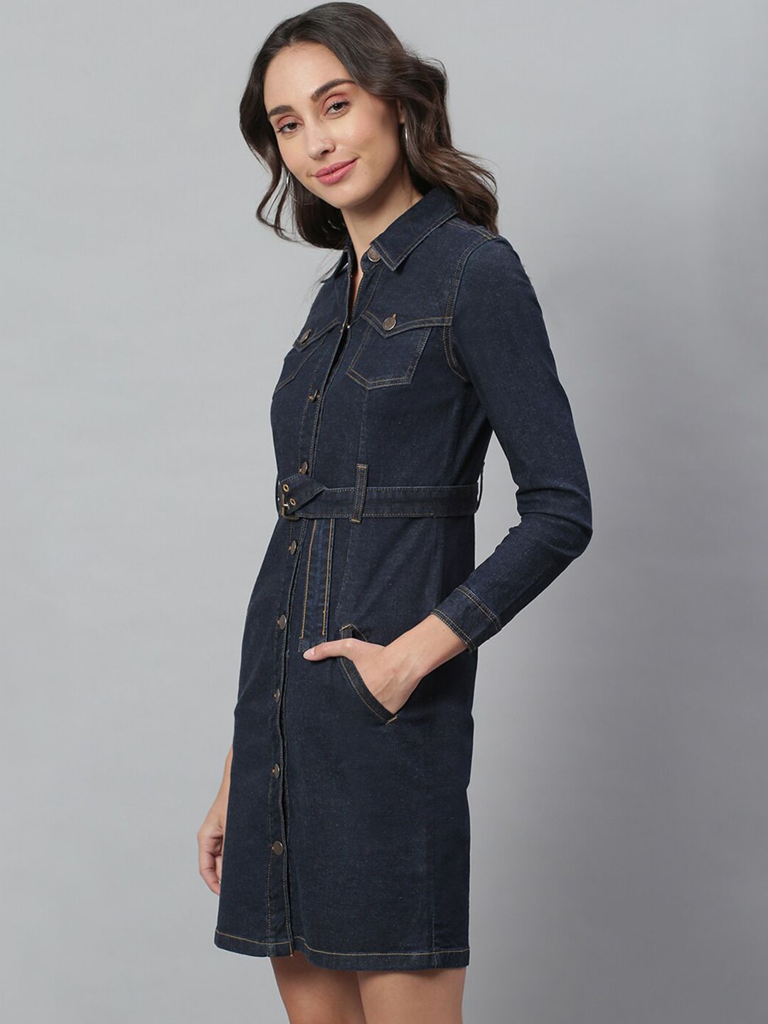 Kotty Women Blue Solid Denim Shirt Dress & Belt